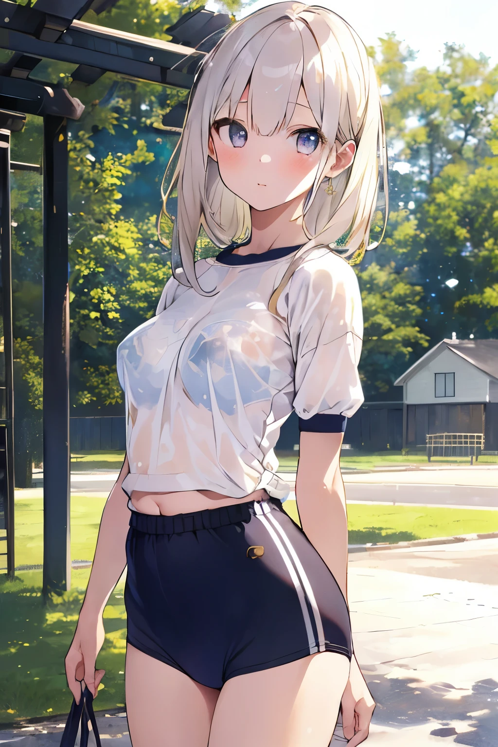 super detailed、High resolution、Super beauty highest quality、8Kのmasterpiece, highest quality, real image, intricate details, The super detailed, 超A high resolution, depth field,(Photoreal,realistic:1.2),masterpiece, 0.25 :: Close-up , shot from the front ,positive、 Upskirt,((1 girl))),Girl in gym clothes、,outside the house、playground、(highest qualityのイラスト:1.2), (pretty girl:1.1), (1 girl, solo:1.5), (1 girl、、highly detailed eyes:1.2)、(small 、small breasts)、perfect shiny skin, perfect skin, pure white skin, small breasts,, thin waist, light blush, solo, looking at the viewer, troubled face, Perfect five-finger, chubby under clothes、Sweat、See-through, underwear is transparent:0.6, white bra