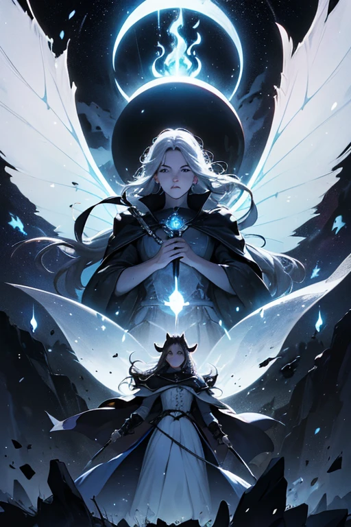 (Obra maestra:1.2), Mejor calidad, (illustration:1.2), (ultra detallado), hiper detalles, (delicado detallado), (detalles intrincados), (cinematic light, Mejor calidad Backlights), Delete line, solista, Cuerpo perfecto, (1 chica), anime a elegant girl fairy tale s wings, hat cap detailed glowing ribbon ultra detailed, style detailed, most beatiful, soft delicatessen hair,translucent dressing Phantom, long soft dressing, detailed glowing drawing(glowing color hands). black and white. Poster Original ink press octane render digital art stylized, standing in front of the with her magical sword and sword to release blue flame, cool black dregon tattoo on neck and who cut through infinity,floating above pits of lava as brimstone and smoke billows out from them and she who has touched the void, (constituir), alto contraste, (mejor iluminacion, un extremadamente creado y hermoso), (cinematic light), vistoso,