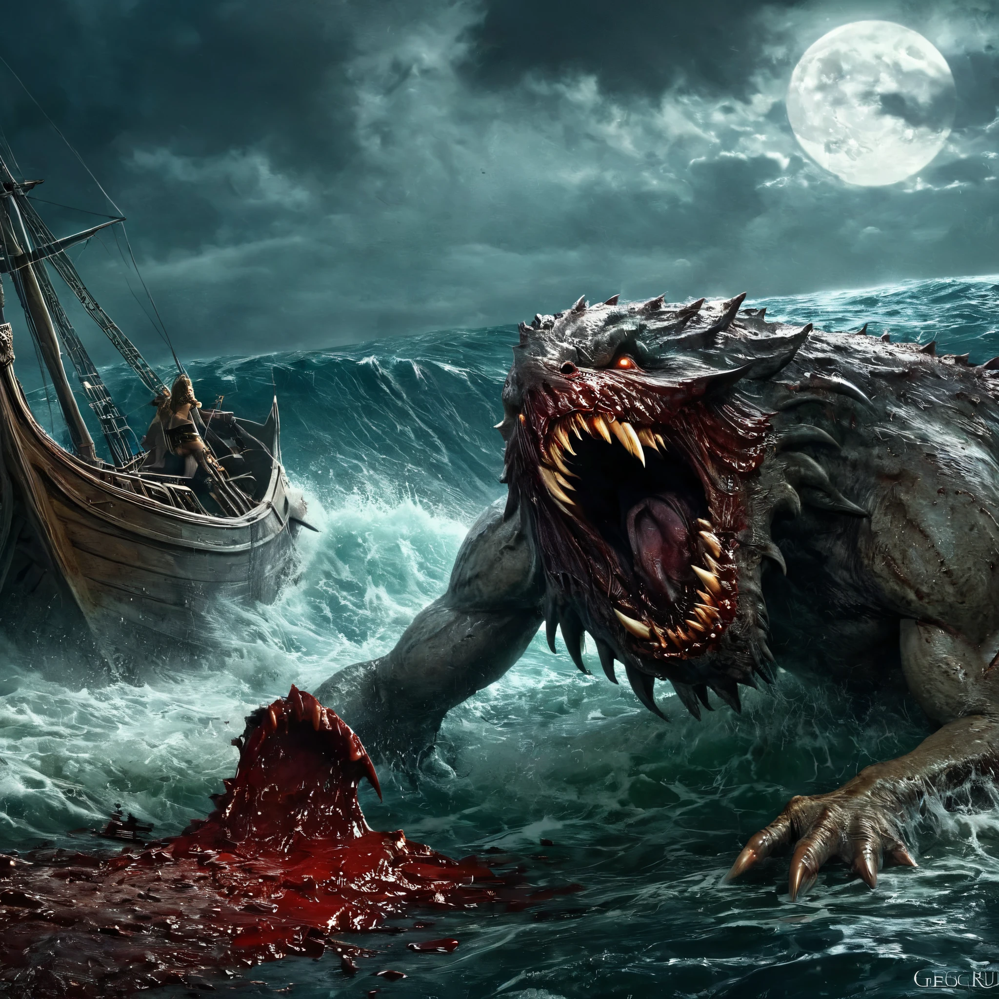 (Best Picture Quality,4K,8K,Hi-Res,Masterpiece:1.2),Ultra-Detailed,(Realistic,Photorealistic,Photorealistic:1. 37),Gore,Eerie,Horror,Stormy Sea,Moon View,Sacrificed Princess Andromeda,The most beautiful princess in the world with blond hair and blue eyes,Giant monster appears from the sea,Kraken's mouth Naked princess being dragged and torn apart, bloody bites, bloodied, dismembered bodies, shredded clothes, shattered crowns, deadly teeth, vicious mouths, hideous giant fangs, bloody saliva, torn flesh, dripping blood, bright red ocean water, brutal, dark atmosphere, nightmarish scenes, nightmarish nightmarish scene, nightmarish creature, horror movie scene, gruesome details, horror fantasy, horror art, horrific fantasy, nightmare fuel, horror movie poster, horror illustrator, monster lair, exquisite gore details, ominous lighting, demonic presence, vivid gore colors , anguish, torture, fate, (Amazingly powerful and realistic compositions by Greg Rutkowski:1.2)