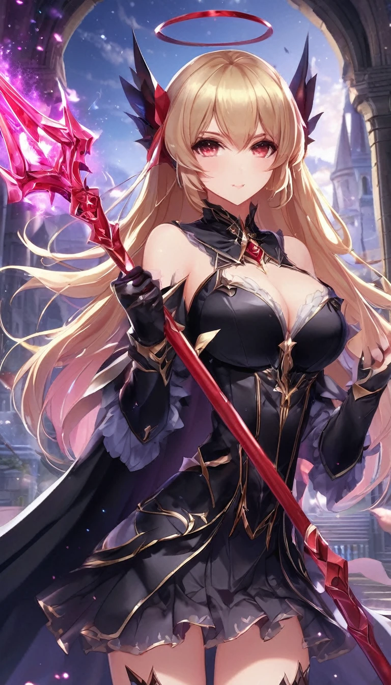 1girl, solo, blonde-hair, red-eyes, pointy-ears, looking-at-viewer, long-hair, pantyhose, vampire, holding, dress, two-side-up, black-pantyhose, hair-ornament, holding-weapon, weapon, black-dress, cape, bat-hair-ornament, standing, long-sleeves, blush, thick thighs, frills, holding-Spear , black-cape, closed-mouth, short-dress, floating-hair, ((Spear ))
