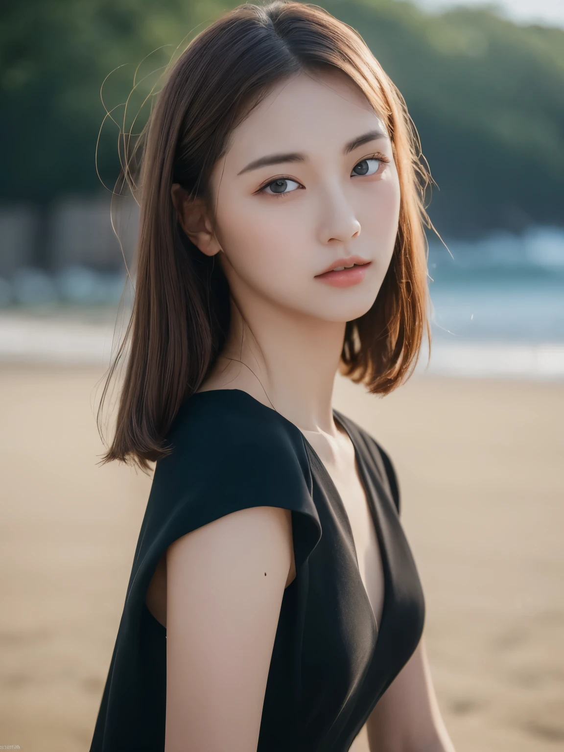((highest quality, 8K, masterpiece: 1.3)), clear focus: 1.2, 1 girl, perfect figure: 1.4, slim abs: 1.1, ((dark brown hair)), black dress, (outdoor, noon: 1.1), blurry beach background, super fine face, fine eyes, double eyelid、closed mouth