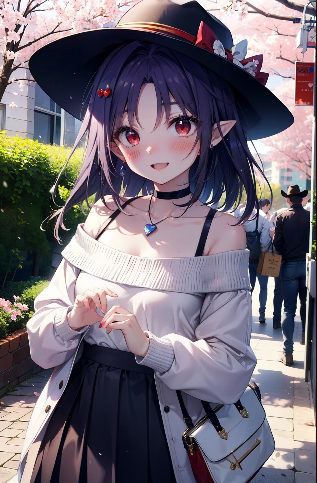 yuukikonno, yuuki konno, long hair, pointy ears, purple hair, (red eyes:1.5), (small breasts:1.2),blush, happy smile, smile, Open-mouth hunting hat,Akabuchi Glasses,White off-shoulder sweater,bare shoulders,naked neck,bare clavicle,Heart shaped pendant,Purple long skirt,white sneakers,Cherry blossoms are scattered,cherry blossoms are blooming,Cherry Blossom Tree-lined Path BREAK looking at viewer, full body,,(cowboy shot:1.5),
BREAK outdoors, garden,
BREAK (masterpiece:1.2), best quality, high resolution, unity 8k wallpaper, (illustration:0.8), (beautiful detailed eyes:1.6), extremely detailed face, perfect lighting, extremely detailed CG, (perfect hands, perfect anatomy),