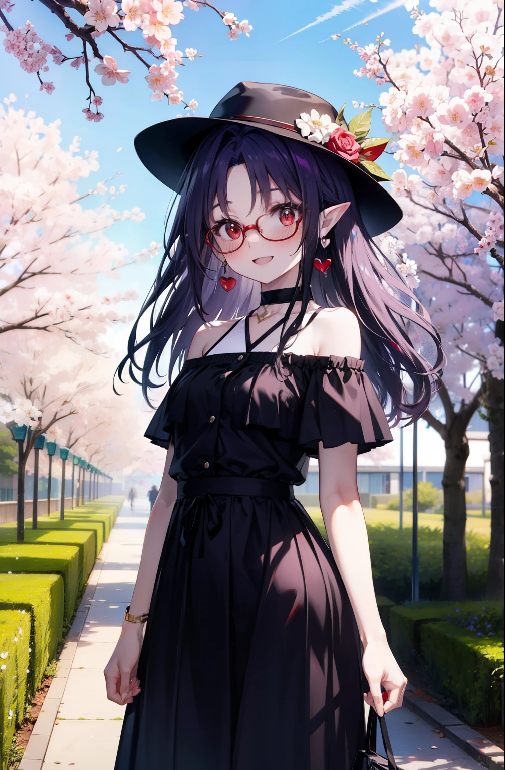 yuukikonno, yuuki konno, long hair, pointy ears, purple hair, (red eyes:1.5), (small breasts:1.2),blush, happy smile, smile, Open-mouth hunting hat,Akabuchi Glasses,White off-shoulder sweater,bare shoulders,naked neck,bare clavicle,Heart shaped pendant,Purple long skirt,white sneakers,Cherry blossoms are scattered,cherry blossoms are blooming,Cherry Blossom Tree-lined Path BREAK looking at viewer,  full body,,(cowboy shot:1.5),
BREAK outdoors, garden,
BREAK (masterpiece:1.2), best quality, high resolution, unity 8k wallpaper, (illustration:0.8), (beautiful detailed eyes:1.6), extremely detailed face, perfect lighting, extremely detailed CG, (perfect hands, perfect anatomy),