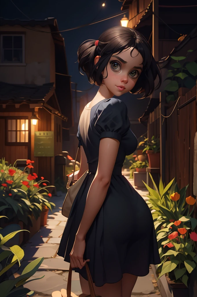 Adorable, Woman,big-eyed woman, round face. promenent lips. Smileing,In the garden,Her hands are behind her...., , large ass, wearing a cute sun dress. Picture from the side,looking at the scenes, intense colors, Very valuable details, complex details, volumetric lighting, digital art, 8k, trending on Artstation, Clear focus, complex details, highly detail, Greg Rutkowski Big Eyes, high-resolution, Black hair. Alison Brie. Ample Bosum, .
