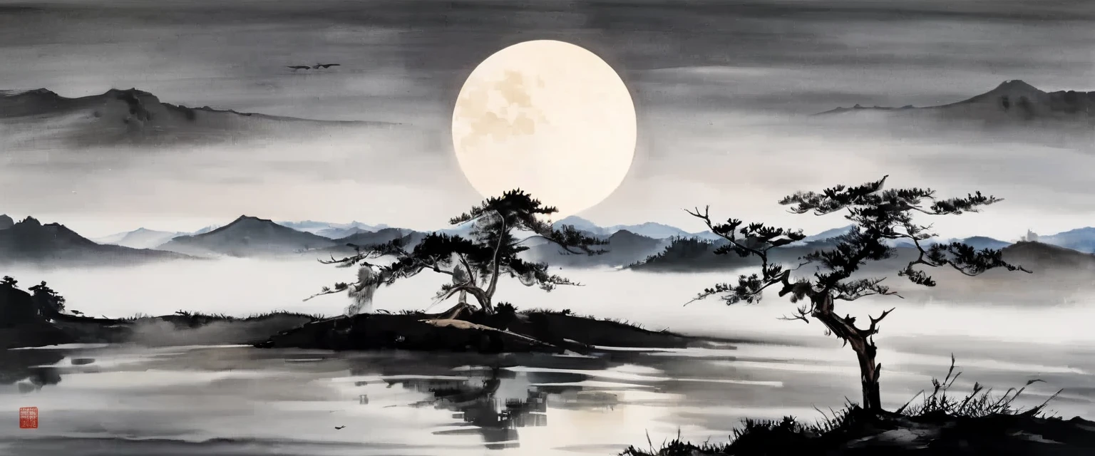 water墨画和water彩画,Drawing on rice paper,Use thick and light inks to create light and dark changes and layers,选择正确的墨water颜色,Such as deep black、thick gray、light coffee, ETC,express different situations and atmospheres,Control the gradient and transition of ink colors through the humidity and consistency of the ink,Monte,water,Tree,lake surface,desolate, desolate, ,A huge full moon rises over the horizon,cool moonlight,black and white tones,dead tree, 中国传统water墨画, Chinese traditional art, author:Guo Xi, author:Ma Yuanyu, traditional Chinese painting, author:Xu Xi, author:Luo Mu, author:Yang Buzhi, author:Li Kelan, author:Zhi'an, water墨画 ) ) ) ), 中国water墨画, 中traditional Chinese painting风格
