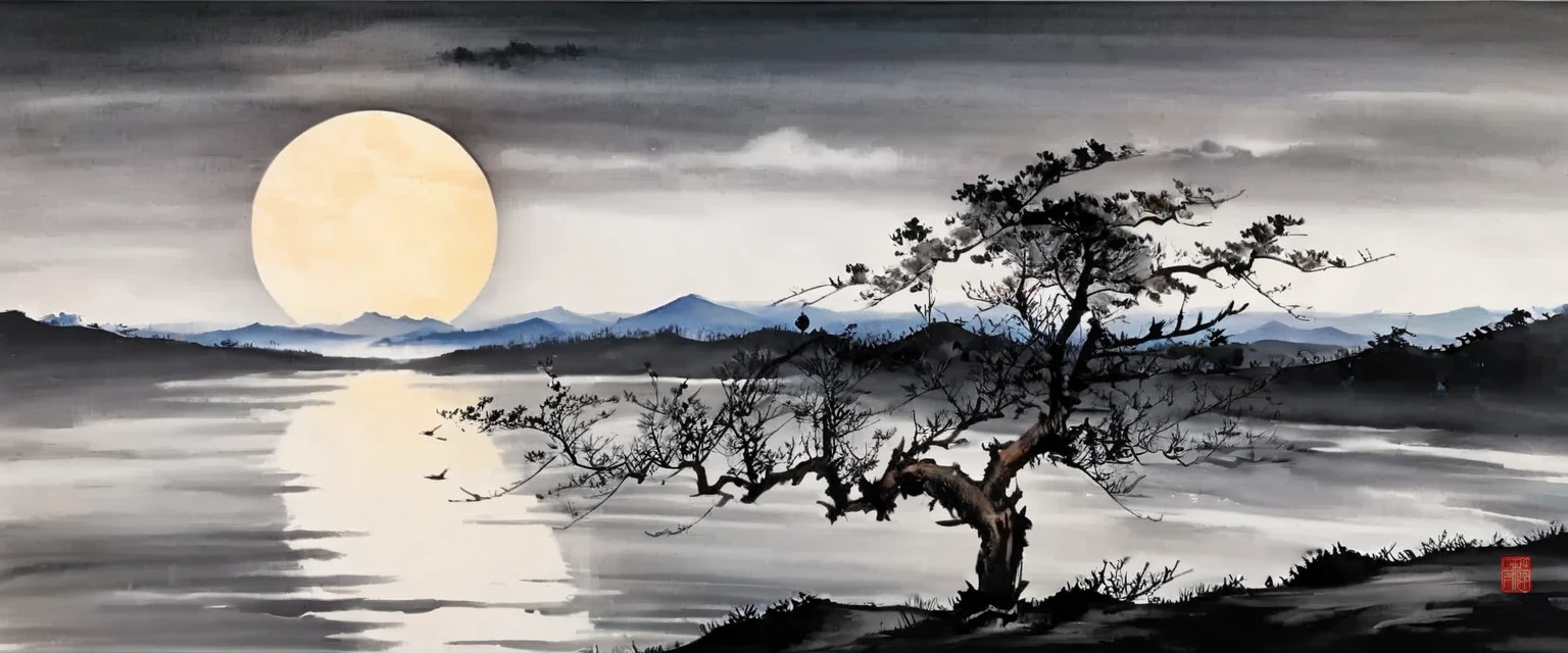 water墨画和water彩画，Drawing on rice paper，Use thick and light inks to create light and dark changes and layers，选择正确的墨water颜色，Such as deep black、thick gray、light coffee, ETC，express different situations and atmospheres，Control the gradient and transition of ink colors through the humidity and consistency of the ink，Monte，water，Tree，lake surface，desolate, desolate, ，A huge full moon rises over the horizon，cool moonlight，black and white tones，dead tree， 中国传统water墨画, Chinese traditional art, author：Guo Xi, author：Ma Yuanyu, traditional Chinese painting, author：Xu Xi, author：Luo Mu, author：Yang Buzhi, author：Li Kelan, author：Zhi&#39;an, water墨画 ) ) ) ), 中国water墨画, 中traditional Chinese painting风格