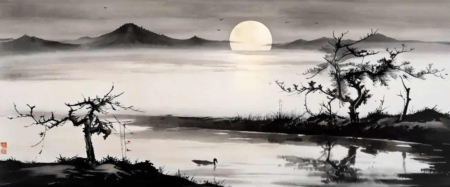 water墨画和water彩画,Drawing on rice paper,Use thick and light inks to create light and dark changes and layers,选择正确的墨water颜色,Such as deep black、thick gray、light coffee, ETC,express different situations and atmospheres,Control the gradient and transition of ink colors through the humidity and consistency of the ink,Monte,water,Tree,lake surface,desolate, desolate, ,A huge full moon rises over the horizon,cool moonlight,black and white tones,dead tree, 中国传统water墨画, Chinese traditional art, author:Guo Xi, author:Ma Yuanyu, traditional Chinese painting, author:Xu Xi, author:Luo Mu, author:Yang Buzhi, author:Li Kelan, author:Zhi'an, water墨画 ) ) ) ), 中国water墨画, 中traditional Chinese painting风格