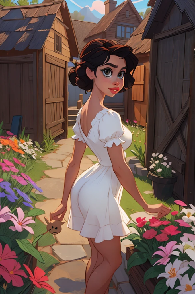 Adorable, Woman,big-eyed woman, round face. promenent lips. Smileing,In the garden,Her hands are behind her...., , large ass, wearing a cute sun dress. Picture from the side,looking at the scenes, intense colors, Very valuable details, complex details, volumetric lighting, digital art, 8k, trending on Artstation, Clear focus, complex details, highly detail, Greg Rutkowski Big Eyes, high-resolution, Black hair. Alison Brie. Ample Bosum, .