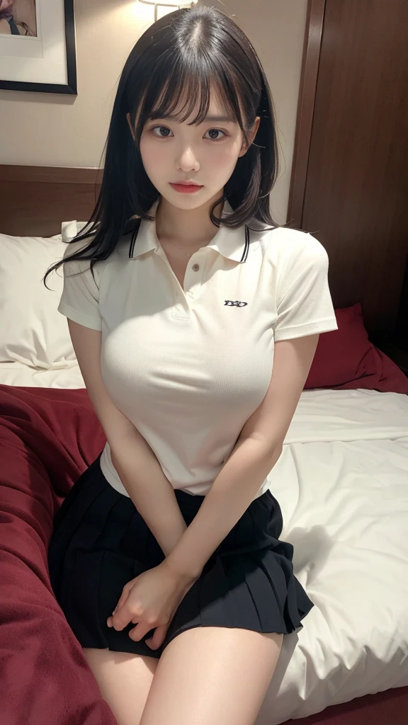 muste piece, best quality, illustration, Super detailed, fine details, High resolution, 8K,wall paper, perfect dynamic composition,(Details High quality, realistic depiction of eyes:1.3), (Polo shirt with collar), pleated skirt, short bob hair、black hair color, Big Natural Color Lip, bold sexy pose, (perfect body shape), crying a little、cold gaze, Harajuku style、20 year old girl、cute type、ta、beautiful legs, hotel room, hposing Gravure Idol, Voluptuous thighs