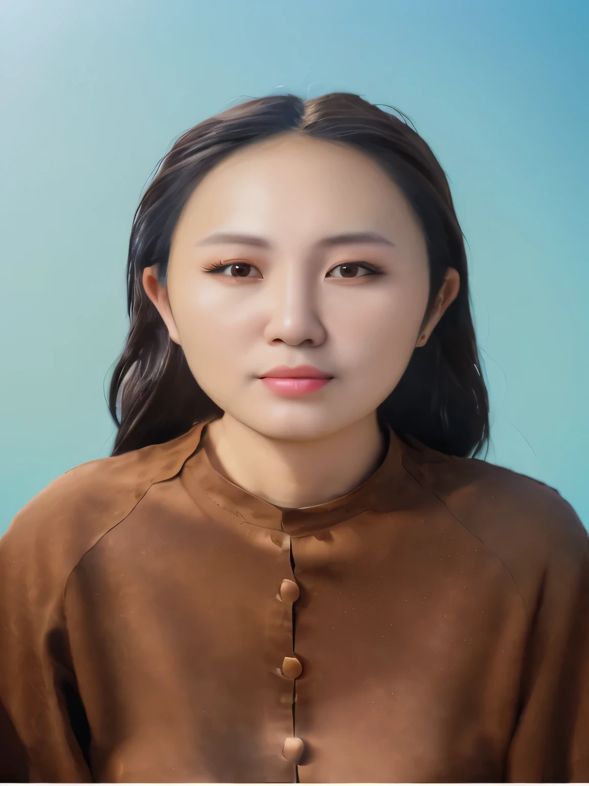 Highly realistic photo, ((masterpiece), (best quality), (raw photo), (photorealistic:1.4), Portrait of Vietnamese woman, (25 years old), ((black hair)), ((brown shirt:1.6)), ((light blue background)) , photo taken by Sony A7IV