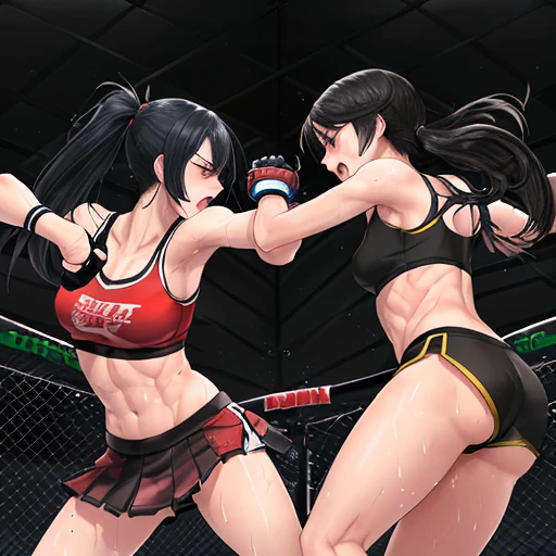 A deadly battle between two beautiful high school girls mixed martial artists。Hitting the opponent with a powerful kick。They're trading heavy kicks inside the Octagon.。Exchange of blows。Rivals。black hair。desperate look。sweaty。Full of scars。Shortness of breath with open mouth。Outstanding proportions。trained abdominal muscles。open finger gloves。sports bra。