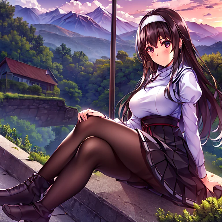 1 girl, (best quality, Beruca, handguard), white headband, black pantyhose, boots, sitting, in front, trees, Mountain, Beautiful landscape in the background, Soft sunset, Subtle reflections on the ground.