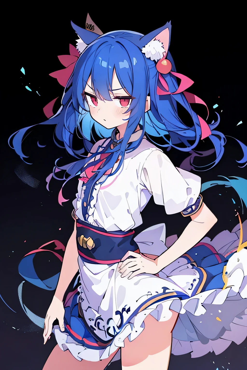 (masterpiece),best quality, expressive eyes, perfect face, 1girl,
 Put your hands on your waist,fair, Gorgeous,Japanese cartoons,girl,lola,Hina Angel, blue hair, blue haired, floating clothes,Grab your waist, Grab your waist, hands on hips , hands on hips,sit, sit on ground, Legs on the ground, flat chest,cat ears,