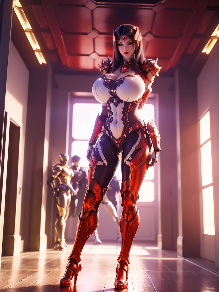 Tyran_Thai Lan, (1GIRL, ALONE, SOLO), (super detailed face), (half face mecha helm:1), (BIG BUTTOCKS, HUGE FAKE BREAST:1.3), (CLEAVAGE:1.5), (MUSCLE ABS:1.3), (MECHA GUARD ARMS, DIAMOND CORE IN CHEST ARMOR:1.3), (RED SHINY FUTURISTIC MECHA ARMORED, MECHA SKINTIGHT SUIT PANTS, MECHA GUARD ARMOR LEGS, HIGH HEELS:1.5), (MUSCULAR FEMALE BODY, GLOWING SKIN, SEXY LONG LEGS:1.1), (LOOKING AT VIEWER:1.3), (female focus:0.886), (WALKING DOWN HALLWAY OF FUTURISTIC SPACE STATION:1), (BRIGHT LIGHT WHITE_ROOM:1.3), HYPER TEXTURE, UNREAL ENGINE RENDER, PHYSICALLY-BASED RENDERING, ULTRA HIGHT DEFINITION, 16K, 1080P.