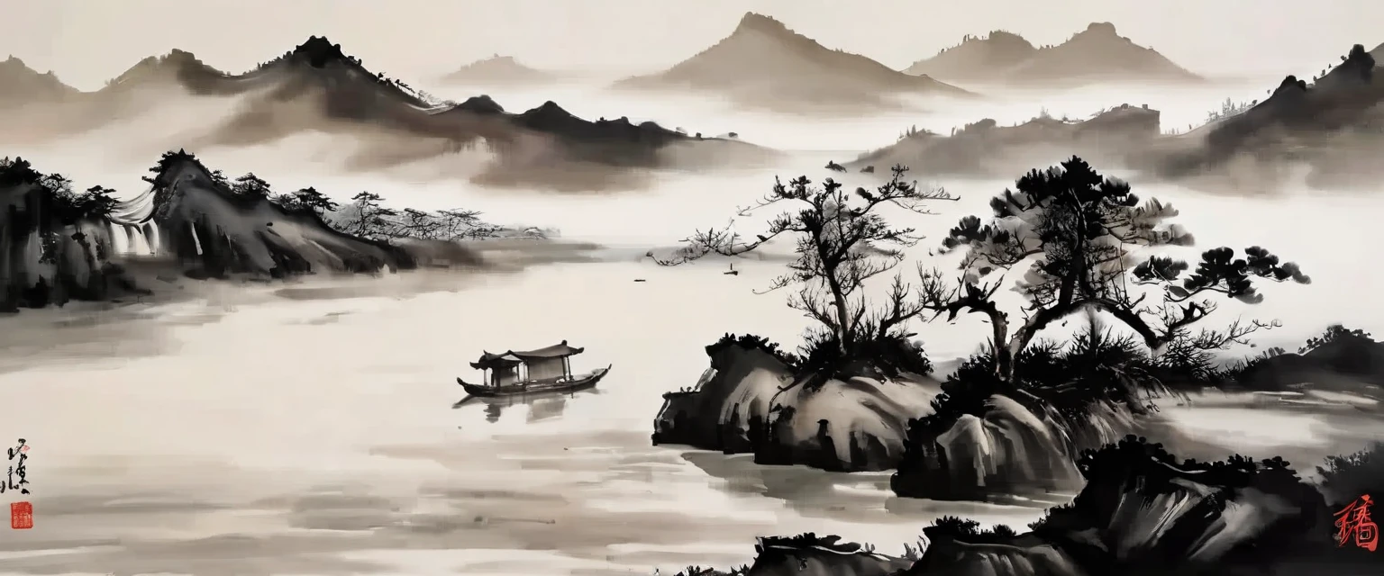 water墨画和water彩画，Drawing on rice paper，Use thick and light inks to create light and dark changes and layers，选择正确的墨water颜色，Such as deep black、thick gray、light coffee, ETC，express different situations and atmospheres，Control the gradient and transition of ink colors through the humidity and consistency of the ink，Monte，water，Tree，lake surface，desolate, desolate, ，black and white tones，dead tree， 中国传统water墨画, Chinese traditional art, author：Guo Xi, author：Ma Yuanyu, traditional Chinese painting, author：Xu Xi, author：Luo Mu, author：Yang Buzhi, author：Li Kelan, author：Zhi&#39;an, water墨画 ) ) ) ), 中国water墨画, 中traditional Chinese painting风格