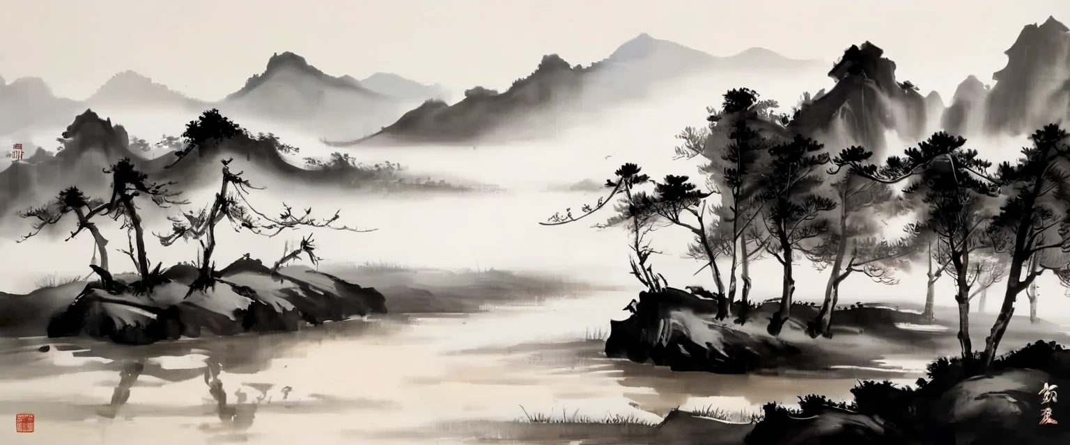 water墨画和water彩画,Drawing on rice paper,Use thick and light inks to create light and dark changes and layers,选择正确的墨water颜色,Such as deep black、thick gray、light coffee, ETC,express different situations and atmospheres,Control the gradient and transition of ink colors through the humidity and consistency of the ink,Monte,water,Tree,lake surface,desolate, desolate, ,black and white tones,dead tree, 中国传统water墨画, Chinese traditional art, author:Guo Xi, author:Ma Yuanyu, traditional Chinese painting, author:Xu Xi, author:Luo Mu, author:Yang Buzhi, author:Li Kelan, author:Zhi'an, water墨画 ) ) ) ), 中国water墨画, 中traditional Chinese painting风格