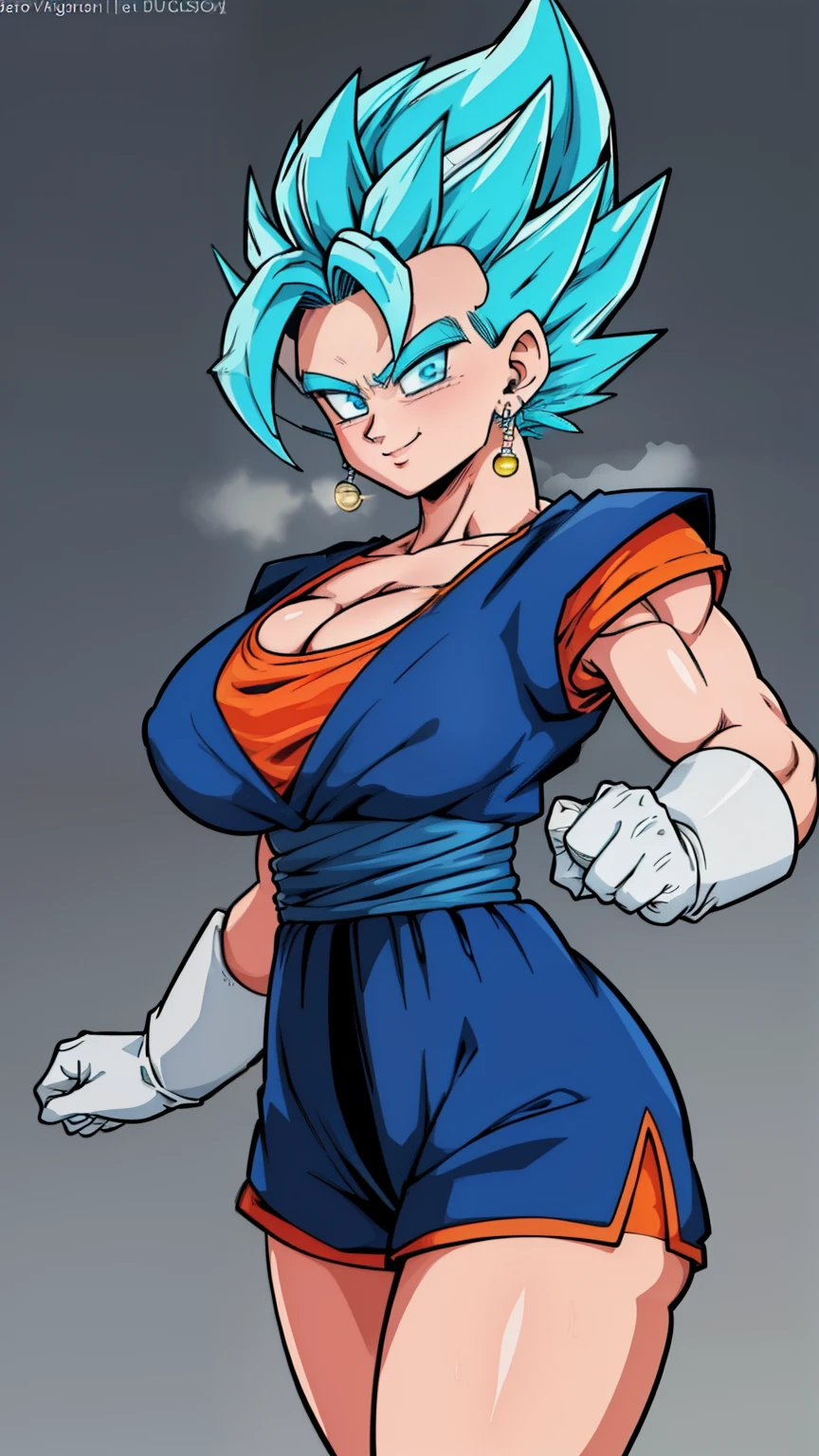 RAW photo, (high detailed skin, detailed eyes:1.1), intricate details, best quality, 8k uhd, soft lighting, Vegetto, breasts, (female:1.2), 1girl, earrings, jewelry, white gloves, spiked hair, dougi, smile, blue hair, two bangs, blue eyes, super saiyan blue, godly blue aura, sexy