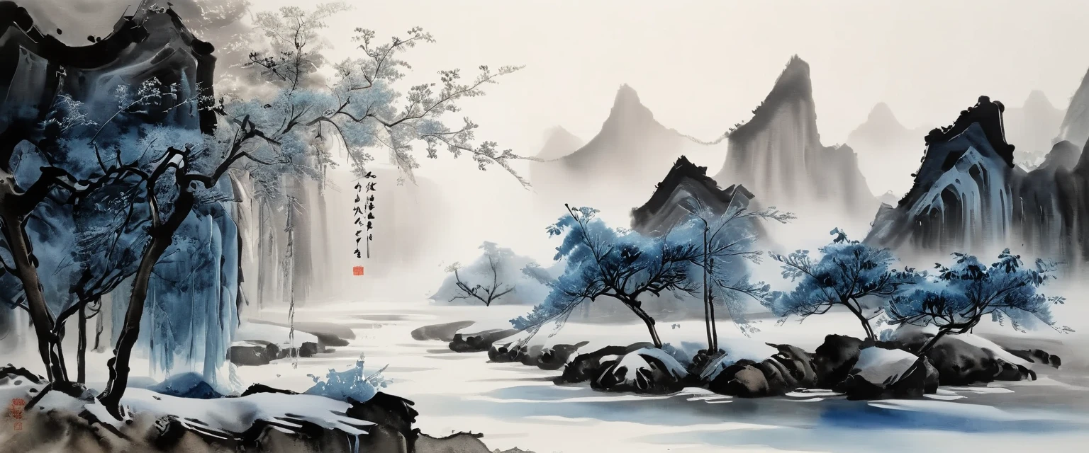(Ink painting and watercolor painting:1.5), (landscape painting:1.5), (Tasteful:1.5), (rock:1.5),(Tree:1.5), (Ink painting and watercolor painting:1.5), (Chinese style:1.5), (Rime ice:1.5), (Rime ice:1.5), (ice crystals:1.5), (Rime ice covered the Trees:1.5), (frozen Tree:1.5),