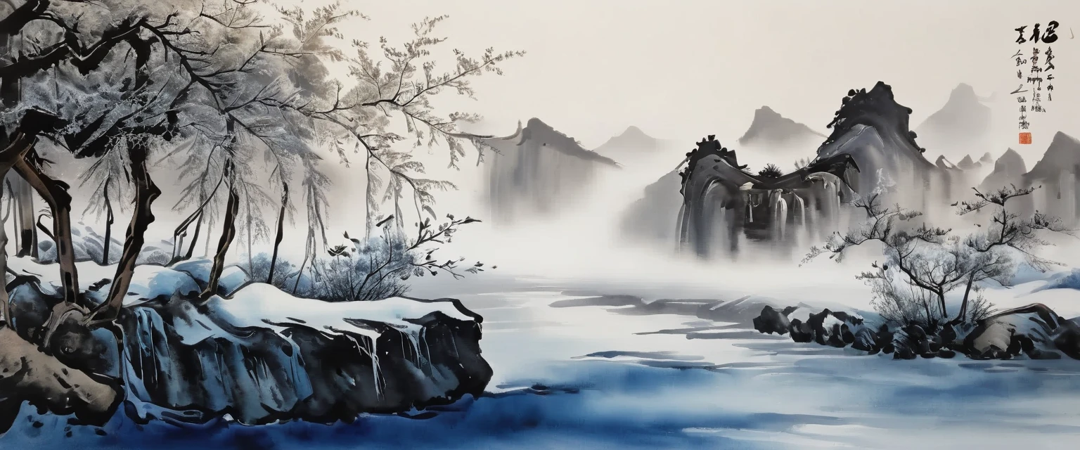 (Ink painting and watercolor painting:1.5), (landscape painting:1.5), (Tasteful:1.5), (rock:1.5),(Tree:1.5), (Ink painting and watercolor painting:1.5), (Chinese style:1.5), (Rime ice:1.5), (Rime ice:1.5), (ice crystals:1.5), (Rime ice covered the Trees:1.5), (frozen Tree:1.5),