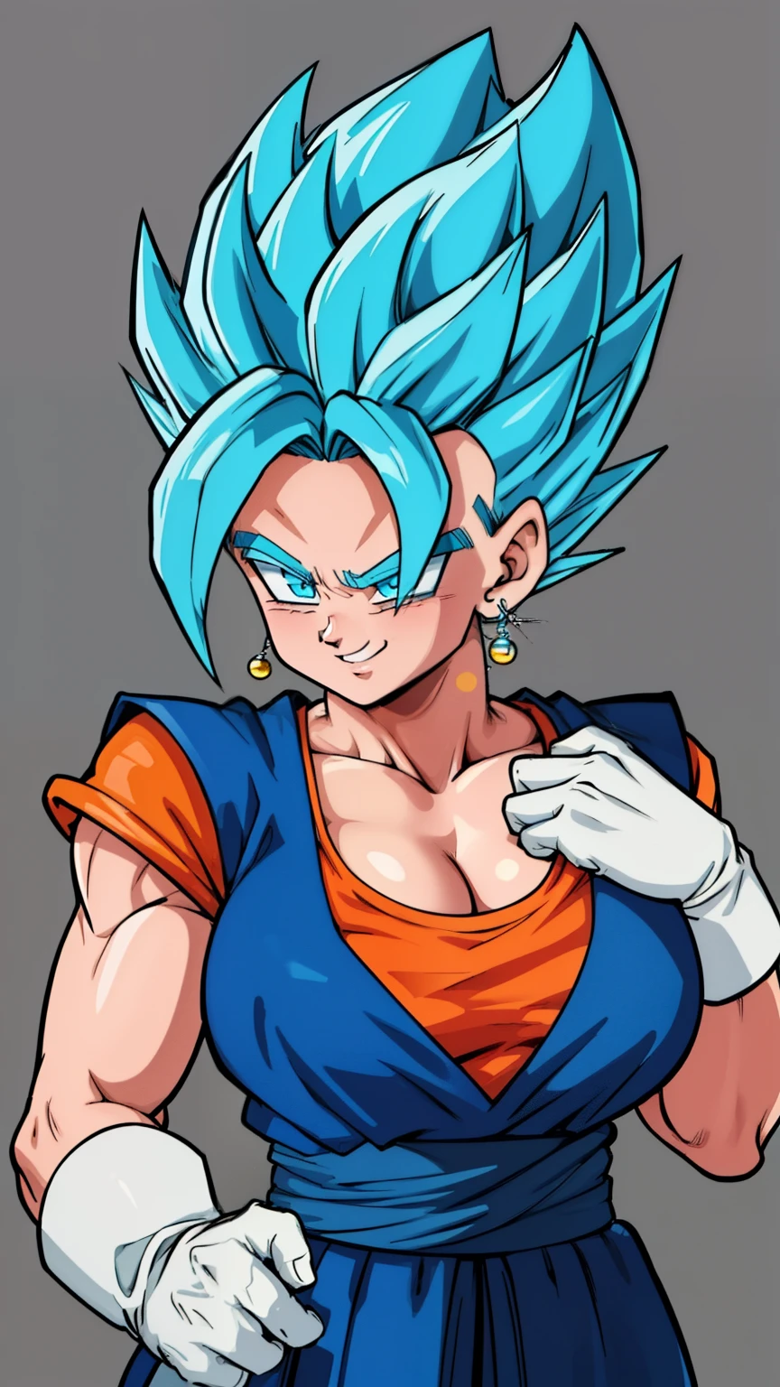 RAW photo, (high detailed skin, detailed eyes:1.1), intricate details, best quality, 8k uhd, soft lighting, Vegetto, breasts, (female:1.2), 1girl, earrings, jewelry, white gloves, spiked hair, dougi, smile, blue hair, two bangs, blue eyes, super saiyan blue, godly blue aura, sexy