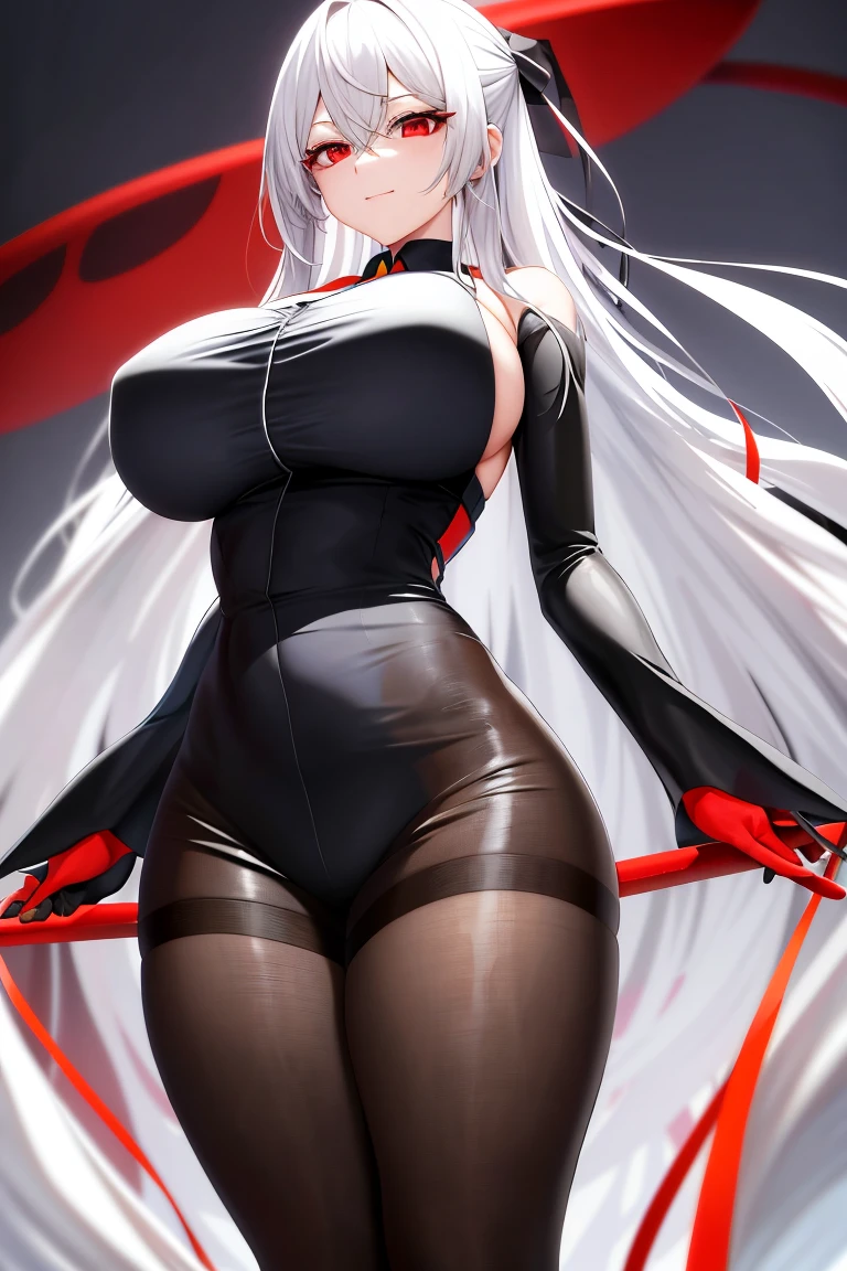 a woman,long white hair,Red eyes,long legs,Extra short slit skirt,Nipple protrusion,black,Jumpsuits,Twenties,只穿着black色比基尼,exposed,black色高跟鞋,huge breasts,超级huge breasts,stand