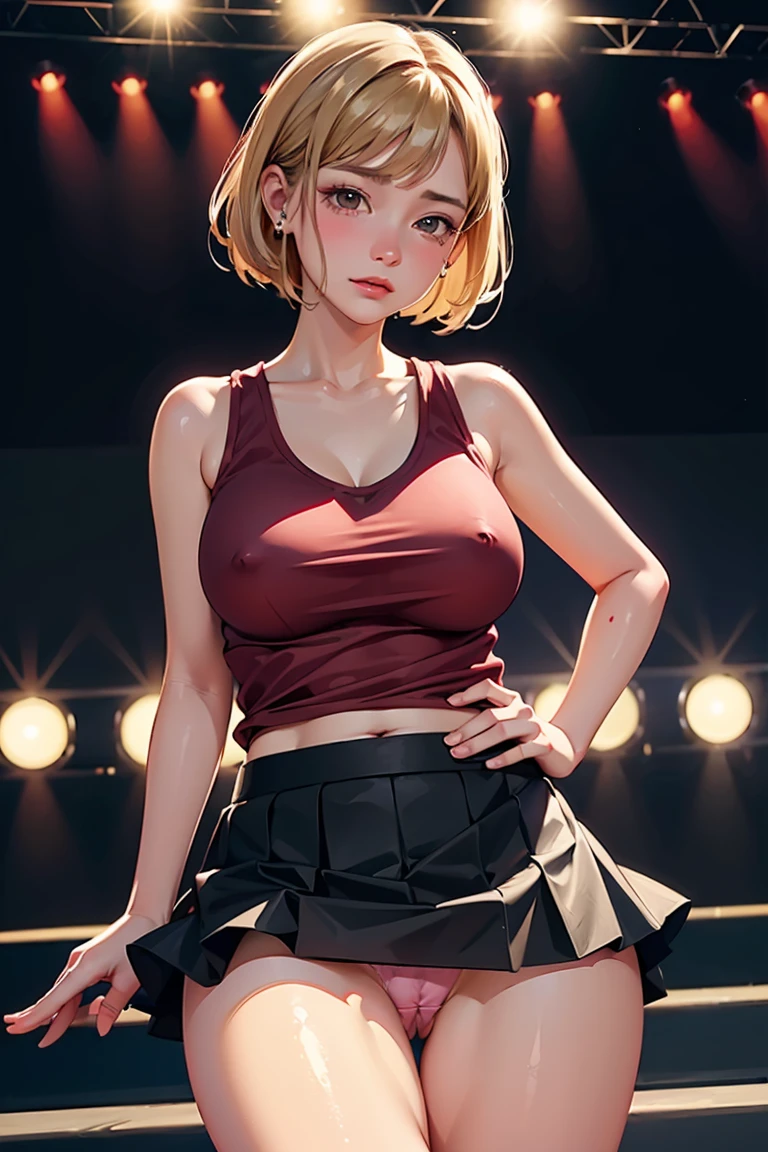 (Idol:1.6), (red tank top:1.6)、(Check ruffled skirt、mini skirt:1.7)、 (Panty shot, cameltoe:1.8)、((highest quality, 8K, masterpiece:1.3)), detailed eye, look at the camera, ((Natural light:1.2)), blondeの1女の子,slim,(professional photographer) brown eyes, (blonde,Matched bangs,bob hair:1.4), looking at the viewer、blush、、very embarrassing、crying expression、red cheeks、(On Stage:1.4)、(large audience:1.9)