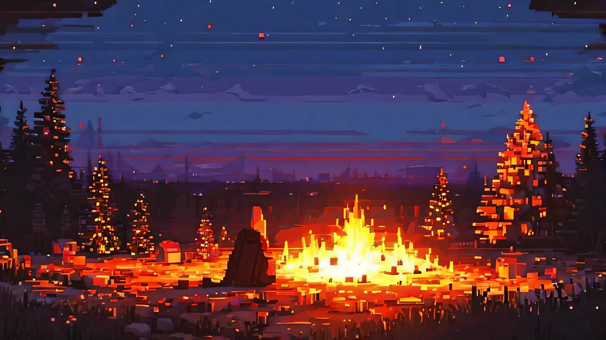 Describe to me a nighttime outdoor bonfire with a knight nearby in pixel art