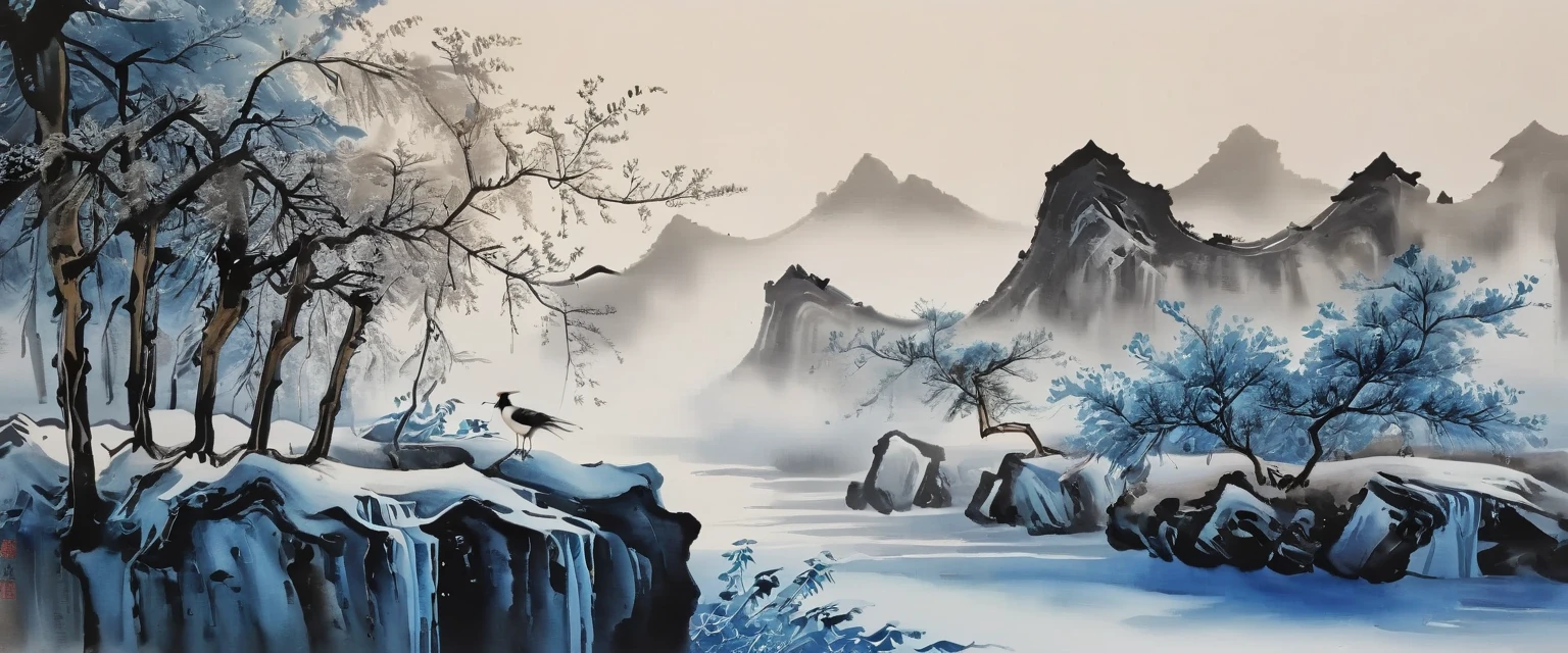 (Ink painting and watercolor painting:1.5), (landscape painting:1.5), (Tasteful:1.5), (rock:1.5)，(Tree:1.5), (Ink painting and watercolor painting:1.5), (Chinese style:1.5), (Rime ice:1.5), (Rime ice:1.5), (ice crystals:1.5), (Rime ice covered the Trees:1.5), (frozen Tree:1.5),