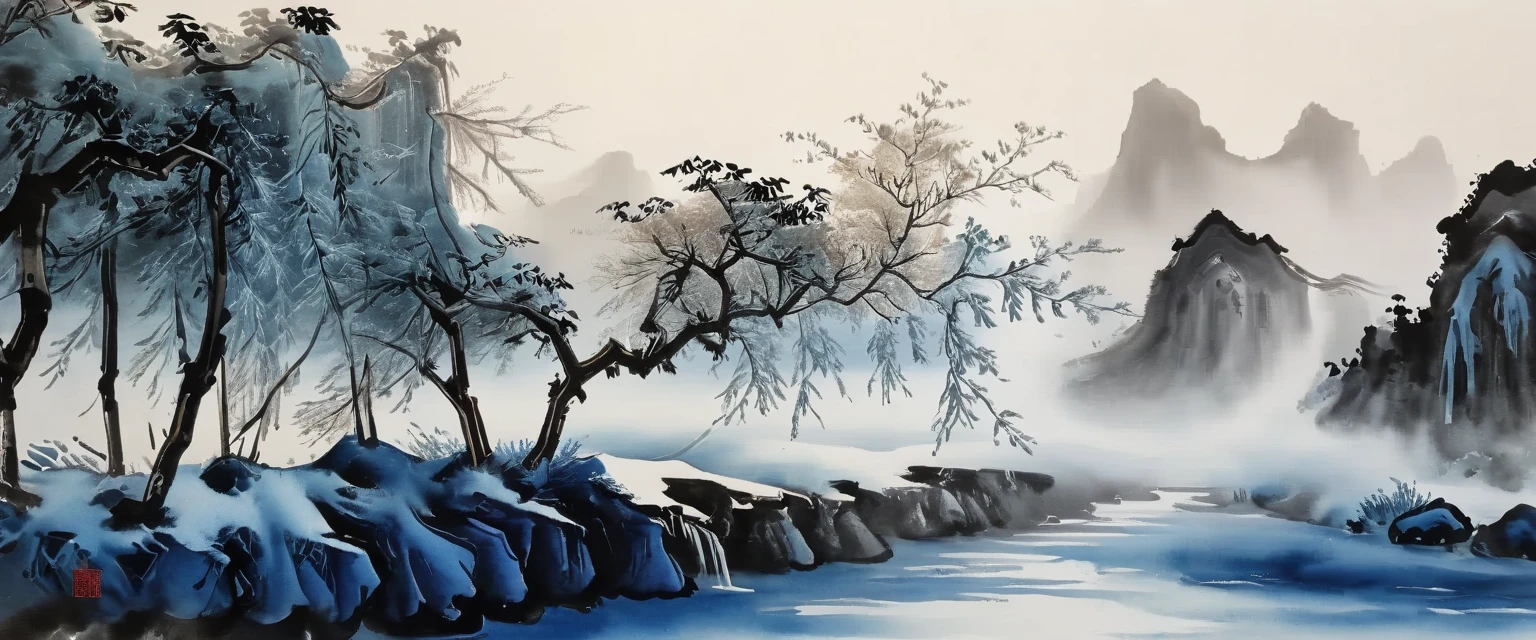 (Ink painting and watercolor painting:1.5), (landscape painting:1.5), (Tasteful:1.5), (rock:1.5),(Tree:1.5), (Ink painting and watercolor painting:1.5), (Chinese style:1.5), (Rime ice:1.5), (Rime ice:1.5), (ice crystals:1.5), (Rime ice covered the Trees:1.5), (frozen Tree:1.5),