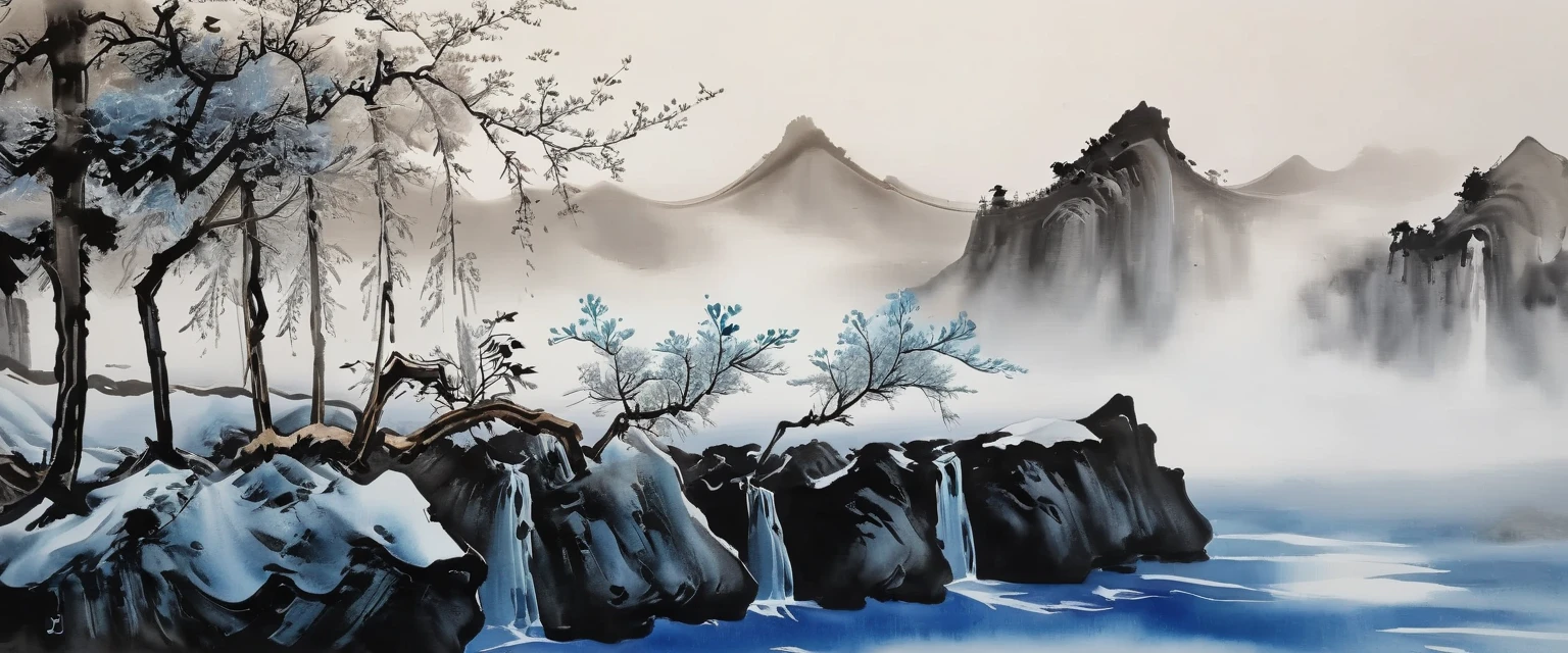 (Ink painting and watercolor painting:1.5), (landscape painting:1.5), (Tasteful:1.5), (rock:1.5)，(Tree:1.5), (Ink painting and watercolor painting:1.5), (Chinese style:1.5), (Rime ice:1.5), (Rime ice:1.5), (ice crystals:1.5), (Rime ice covered the Trees:1.5), (frozen Tree:1.5),