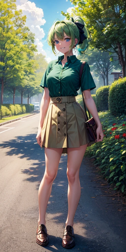 1girl, full body, summer, village, trees, sun, clouds, ((colorful hair)), ponytail, large breasts, button down, blue eyes, ((dark green shirt)), ((unbuttoned shirt)), unbuttoning buttons, ((short sleeved shirt)), mini skirt, brown shoes, grin, looking at the viewer, standing, red, white and green hair ribbon, ((golden necklate))