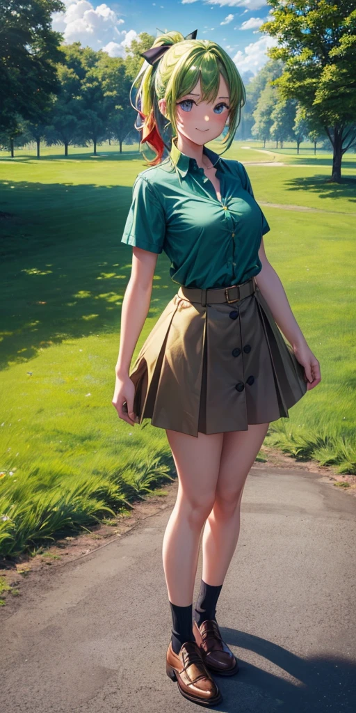 1girl, full body, summer, village, trees, sun, clouds, ((colorful hair)), ponytail, large breasts, button down, blue eyes, ((dark green shirt)), ((unbuttoned shirt)), unbuttoning buttons, ((short sleeved shirt)), mini skirt, brown shoes, grin, looking at the viewer, standing, red, white and green hair ribbon, ((golden necklate))