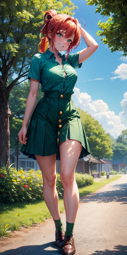 1girl, full body, summer, village, trees, sun, clouds, ((colorful hair)), ponytail, large breasts, button down, blue eyes, ((dark green shirt)), ((unbuttoned shirt)), unbuttoning buttons, ((short sleeved shirt)), mini skirt, brown shoes, grin, looking at the viewer, standing, red, white and green hair ribbon, ((golden necklate))