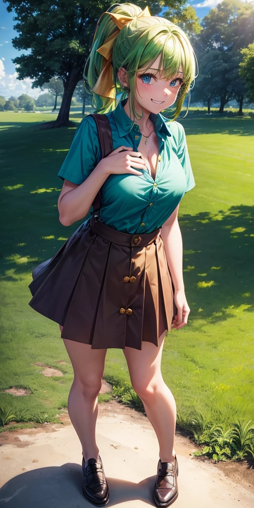 1girl, full body, summer, village, trees, sun, clouds, ((colorful hair)), ponytail, large breasts, button down, blue eyes, ((dark green shirt)), ((unbuttoned shirt)), unbuttoning buttons, ((short sleeved shirt)), mini skirt, brown shoes, grin, looking at the viewer, standing, red, white and green hair ribbon, ((golden necklate))