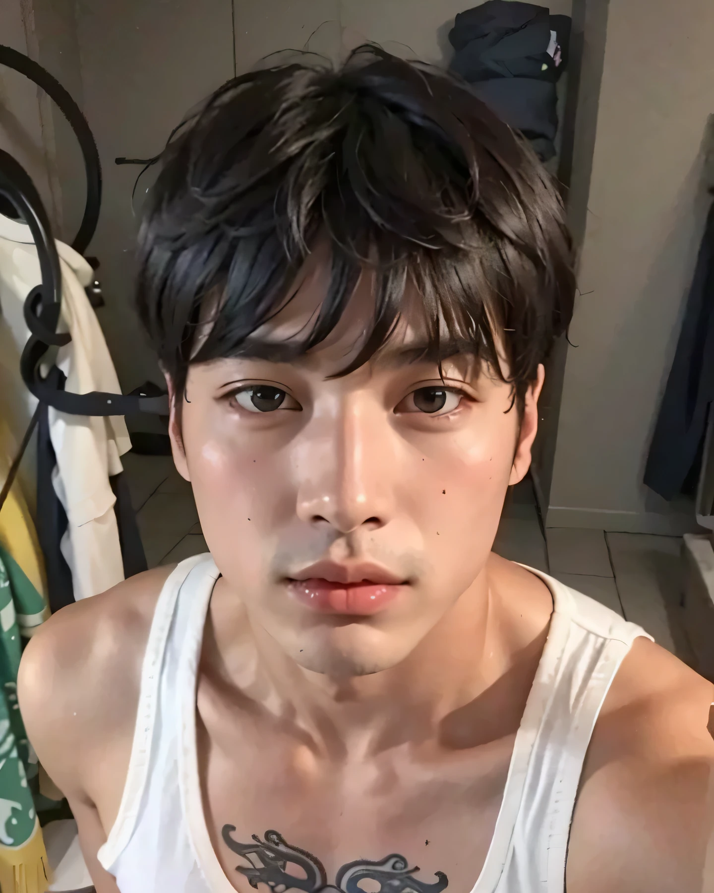 Homem com uma tatuagem no peito e uma regata branca, Jung Jaehyun, Jinyoung Shin, homem sul-coreano, Hong junho hyung, hyung tae, taejune kim, adorable and pale korean face, Jimin\the right eyelid is swollen, pintar ulzzang, who is siwoo, Yanjun Chengt, hyung tae kim, rosto bonito