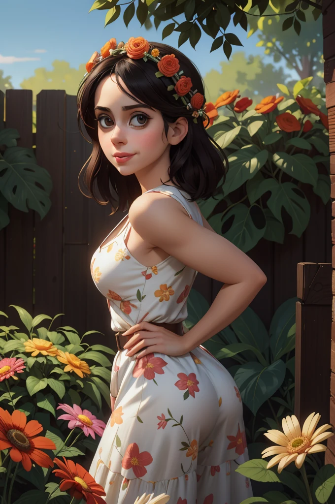 Adorable, Woman,big-eyed woman, round face. promenent lips. Smileing,In the garden,Her hands are behind her...., , large ass, wearing a cute floral sun dress. flower crown, Flower belt braped around waist. Picture from the side,looking at the scenes, intense colors, Very valuable details, complex details, volumetric lighting, digital art, 8k, trending on Artstation, Clear focus, complex details, highly detail, Greg Rutkowski Big Eyes, high-resolution, Black hair. Alison Brie. Ample Bosum, .