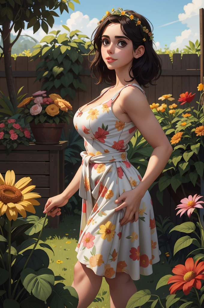 Adorable, Woman,big-eyed woman, round face. promenent lips. Smileing,In the garden,Her hands are behind her...., , large ass, wearing a cute floral sun dress. flower crown, Flower belt braped around waist. Picture from the side,looking at the scenes, intense colors, Very valuable details, complex details, volumetric lighting, digital art, 8k, trending on Artstation, Clear focus, complex details, highly detail, Greg Rutkowski Big Eyes, high-resolution, Black hair. Alison Brie. Ample Bosum, .