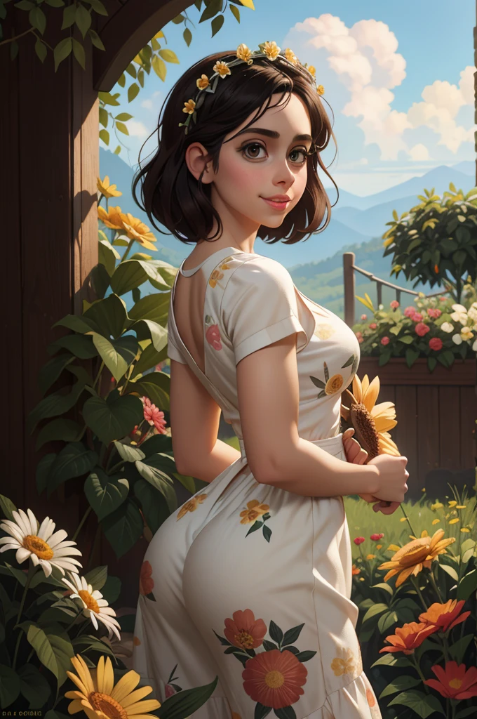 Adorable, Woman,big-eyed woman, round face. promenent lips. Smileing,In the garden,Her hands are behind her...., , large ass, wearing a cute floral sun dress. flower crown, Flower belt braped around waist. Picture from the side,looking at the scenes, intense colors, Very valuable details, complex details, volumetric lighting, digital art, 8k, trending on Artstation, Clear focus, complex details, highly detail, Greg Rutkowski Big Eyes, high-resolution, Black hair. Alison Brie. Ample Bosum, .
