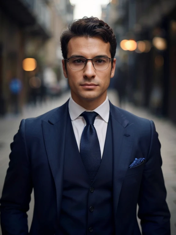 arafed man in a suit and tie standing in a narrow alleyway, wearing a suit and glasses, sophisticated well rounded face, raphael personnaz, close-up professional portrait, wearing dark blue suit, style of paolo parente, wearing a business suit, professional profile picture, wearing business suit, 3-piece-suit, portrait of a man in a suit