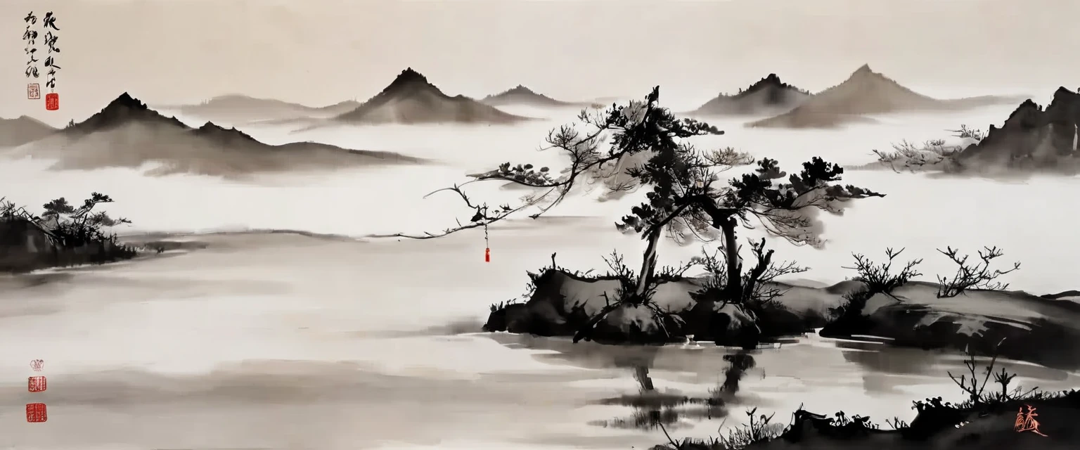 water墨画和water彩画,Drawing on rice paper,Use thick and light inks to create light and dark changes and layers,选择正确的墨water颜色,Such as deep black、thick gray、light coffee, ETC,express different situations and atmospheres,Control the gradient and transition of ink colors through the humidity and consistency of the ink,Monte,water,Tree,lake surface,desolate, desolate, ,black and white tones,dead tree, 中国传统water墨画, Chinese traditional art, author:Guo Xi, author:Ma Yuanyu, traditional Chinese painting, author:Xu Xi, author:Luo Mu, author:Yang Buzhi, author:Li Kelan, author:Zhi'an, water墨画 ) ) ) ), 中国water墨画, 中traditional Chinese painting风格