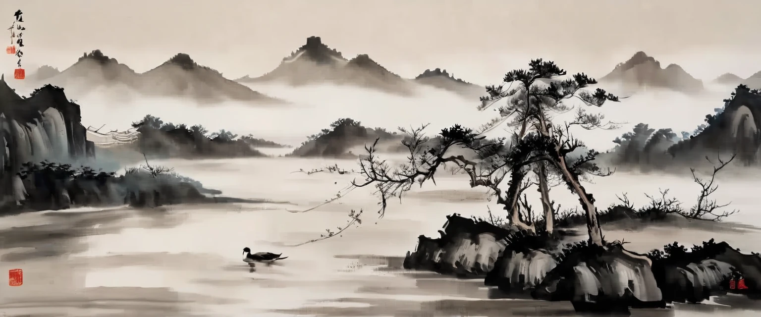 water墨画和water彩画，Drawing on rice paper，Use thick and light inks to create light and dark changes and layers，选择正确的墨water颜色，Such as deep black、thick gray、light coffee, ETC，express different situations and atmospheres，Control the gradient and transition of ink colors through the humidity and consistency of the ink，Monte，water，Tree，lake surface，desolate, desolate, ，black and white tones，dead tree， 中国传统water墨画, Chinese traditional art, author：Guo Xi, author：Ma Yuanyu, traditional Chinese painting, author：Xu Xi, author：Luo Mu, author：Yang Buzhi, author：Li Kelan, author：Zhi&#39;an, water墨画 ) ) ) ), 中国water墨画, 中traditional Chinese painting风格