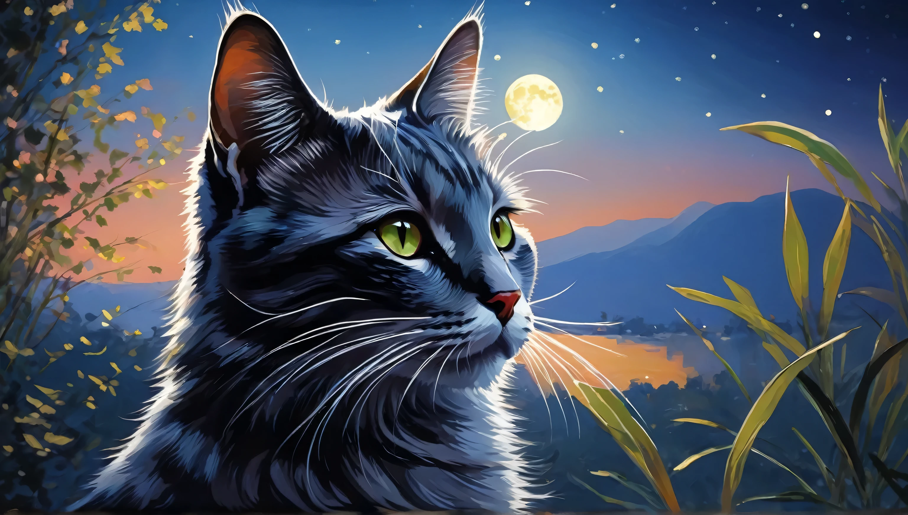 A cat, Under the soft moonlight, A faint light, Shadows swaying in the breeze, A journey, Soothing the comfort of the soul, The tranquility before dawn, Meditation & Relaxation, Monet, anime style, drop shadow, HD