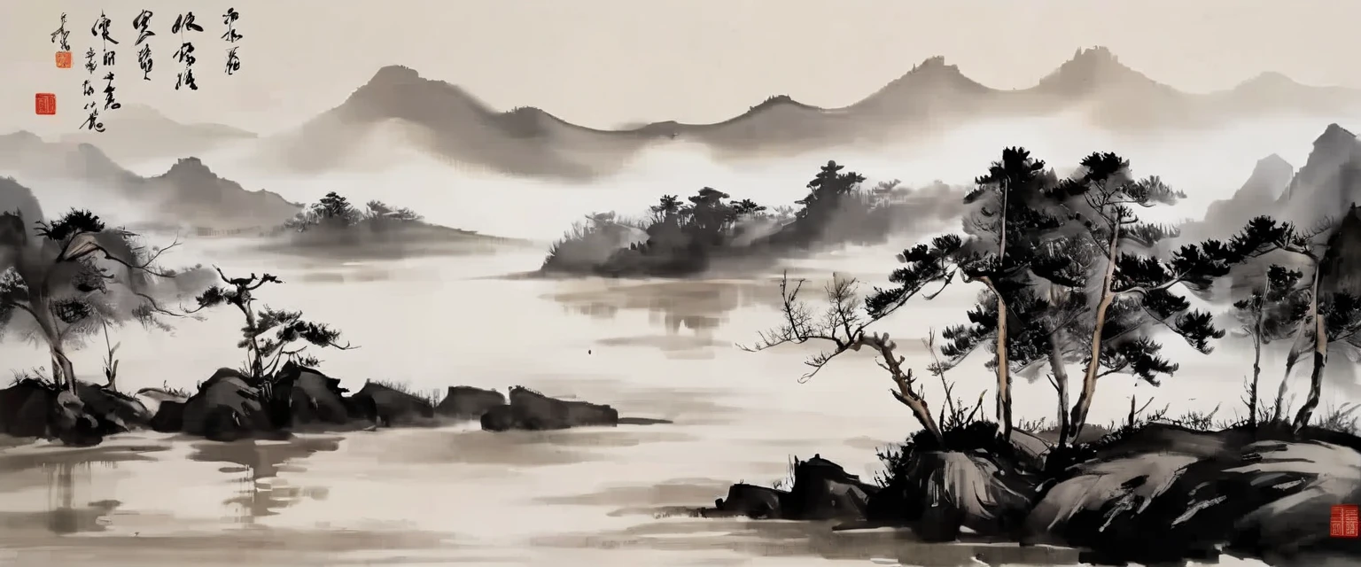 water墨画和water彩画,Drawing on rice paper,Use thick and light inks to create light and dark changes and layers,选择正确的墨water颜色,Such as deep black、thick gray、light coffee, ETC,express different situations and atmospheres,Control the gradient and transition of ink colors through the humidity and consistency of the ink,Monte,water,Tree,lake surface,desolate, desolate, ,black and white tones,dead tree, 中国传统water墨画, Chinese traditional art, author:Guo Xi, author:Ma Yuanyu, traditional Chinese painting, author:Xu Xi, author:Luo Mu, author:Yang Buzhi, author:Li Kelan, author:Zhi'an, water墨画 ) ) ) ), 中国water墨画, 中traditional Chinese painting风格