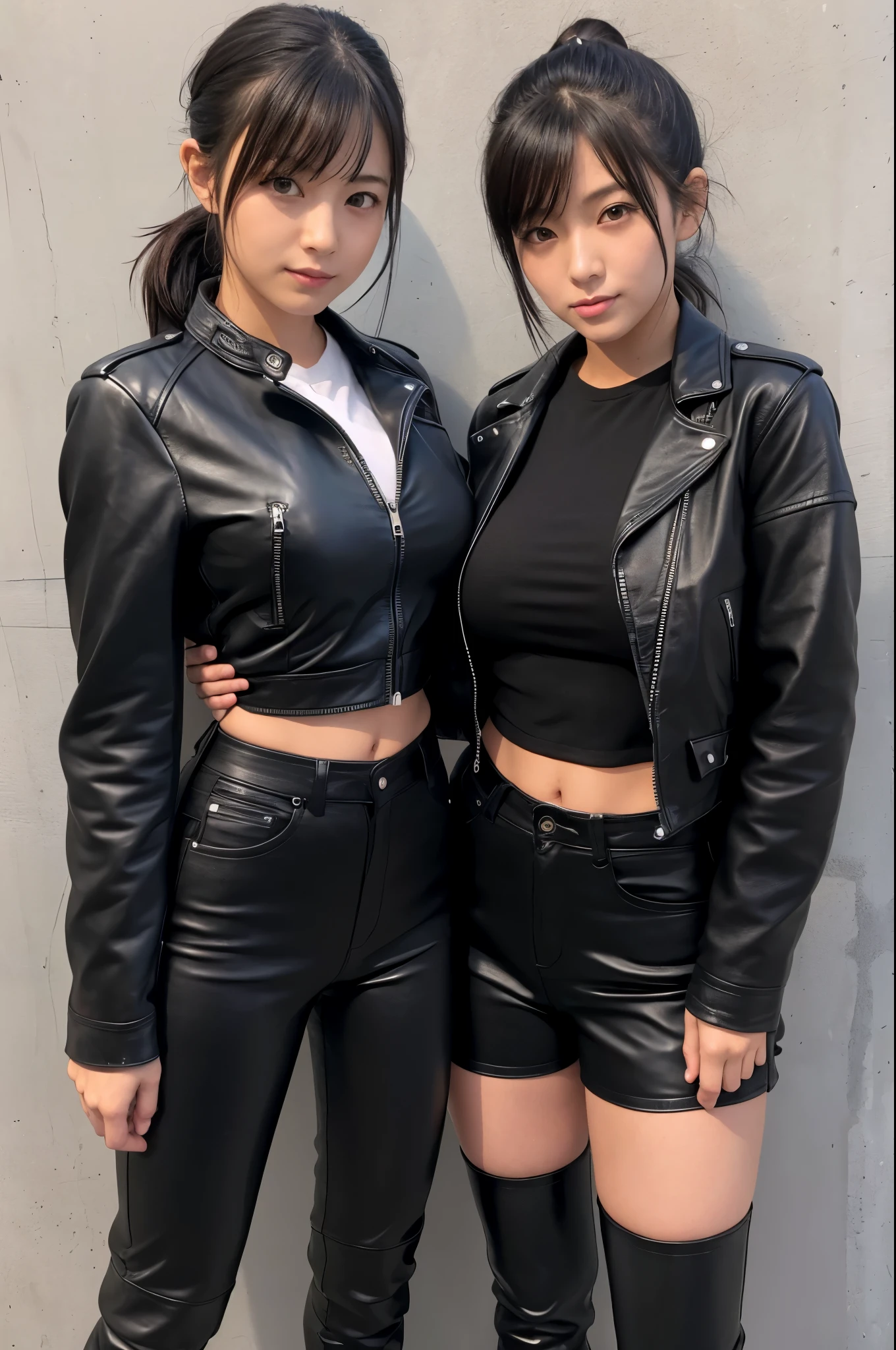 Two identical twins 14 years old leather skirt leather top black kissing young man