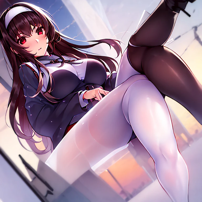 1 girl, (best quality, Beruca, handguard), red eyes, white headband, black pantyhose, thigh high boots, Beautiful landscape in the background, Soft sunset, 
