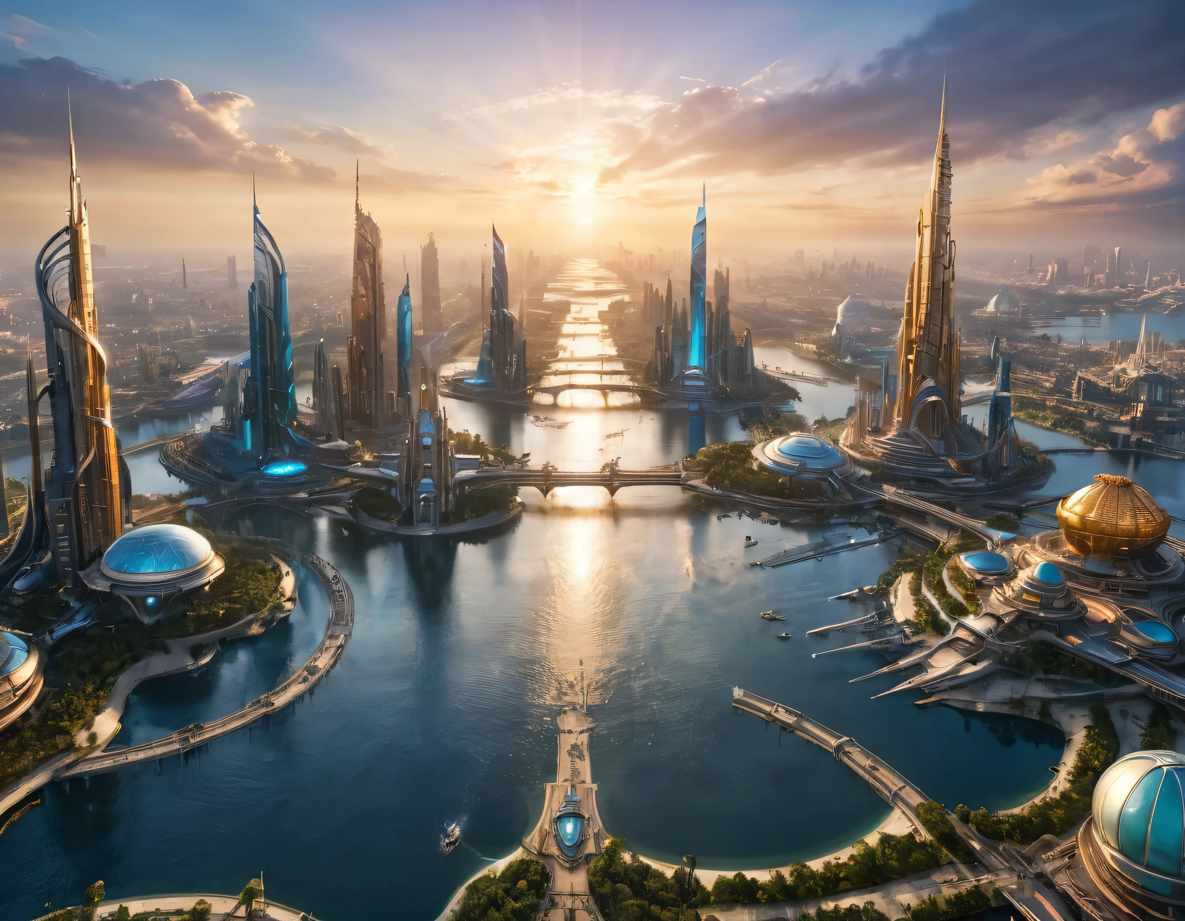 (golden hour lighting), megacity, megalopolis of an imaginary world of science fiction , parecido a una disneylandia futurista, and maximum fantasy, con inmensos edificios y rascacielos ovalados y dodecaedricos agrupados de metal y cristal donde predomina el diamante y los anuncios luminosos de colores. imagen bien definida 8k, (intrincados detalles de la maquina), con muchos edificios juntos.(obra maestra de superior calidad).(imagen fotorrealista), nitidez absoluta hasta el fondo