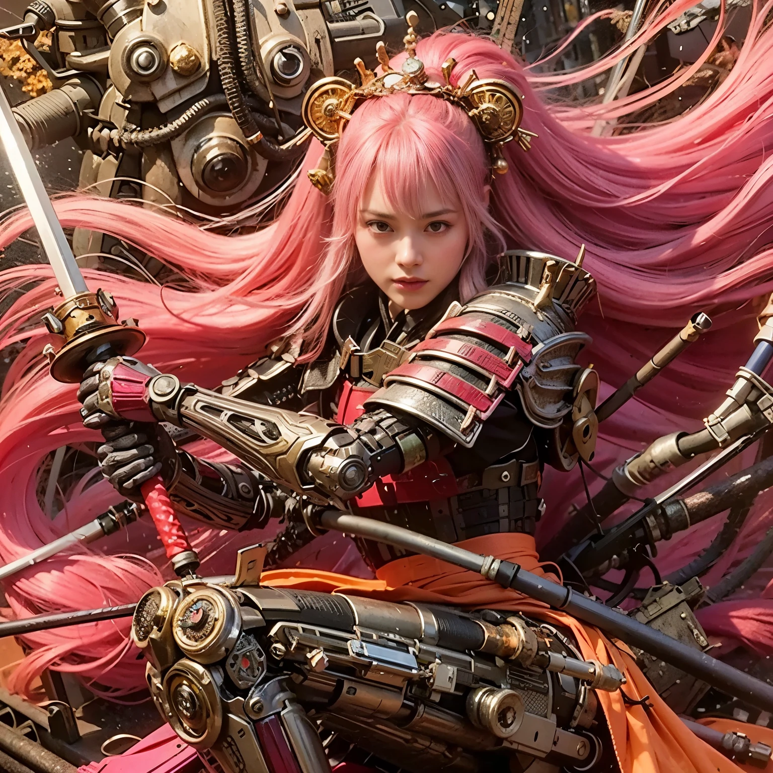(best quality,highres,masterpiece:1.2),mechanical,hydraulic cylinders,samurai armor,Japanese sword,beautiful girl,twin tails,silver hair,realistic,photorealistic:1.37,photo shoot,ultra-detailed,hyper-realistic textures,full body,battlefield