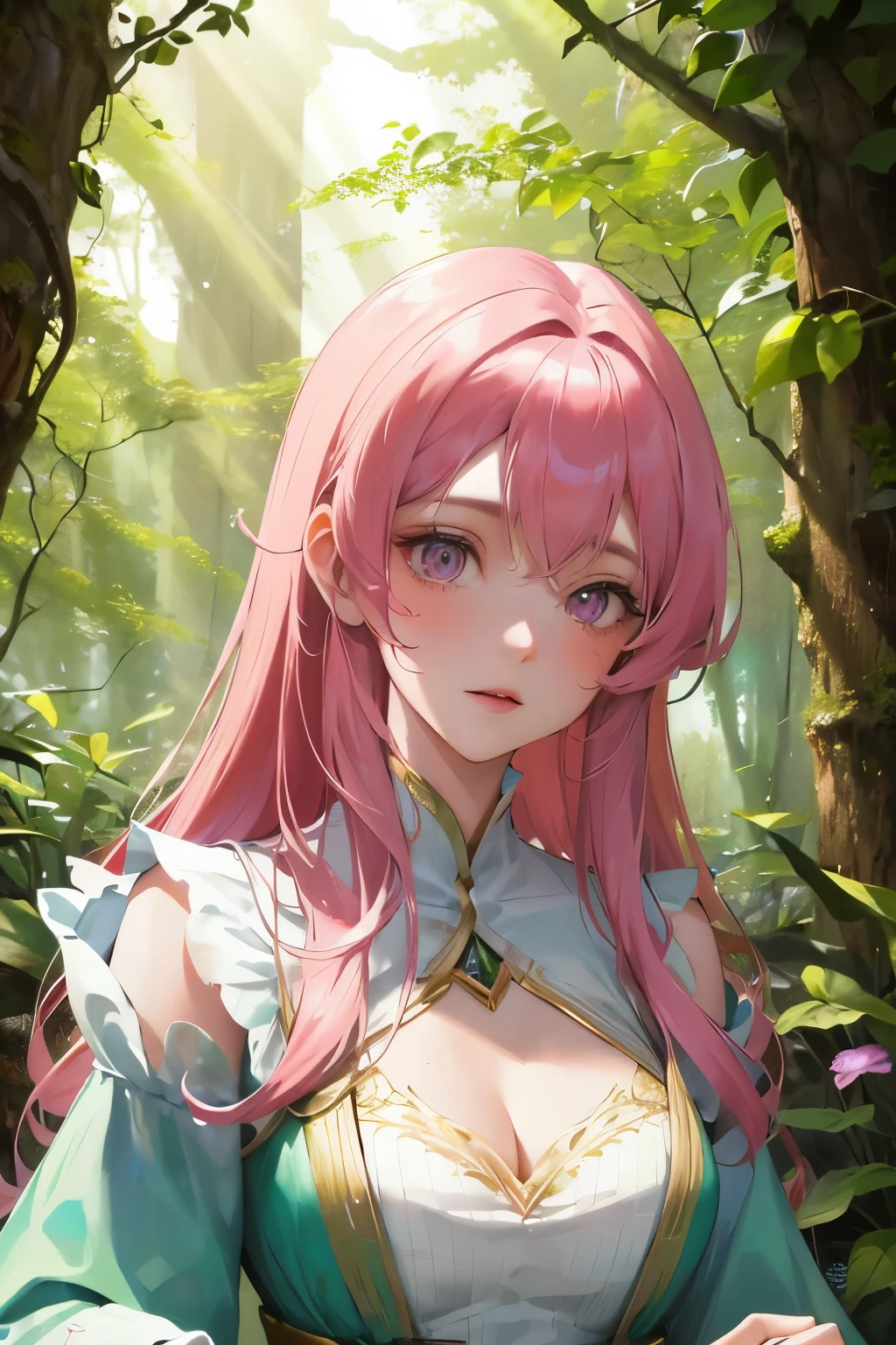 A female gnome with a gentle light pink complexion and long violet locks basks in the dappled sunlight filtering through the foliage of the enchanted forest. Her delicate features are accentuated by the sunbeams dancing on her skin, creating a captivating scene of ethereal beauty. The vivid hues of the forest are intricately rendered, with the verdant leaves, the vibrant wildflowers, and the myriad textures of the forest floor all coming together in a harmonious tableau. This exquisite portrait is a masterpiece of fine art, boasting ultra-detailed textures, deep lines, and precise brushstrokes that bring the g