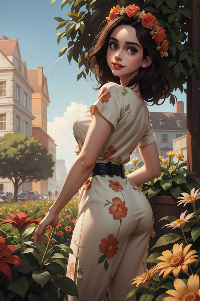 Adorable, mature Woman,detailed big-eyed woman, round face. promenent red lips. Smileing,In the garden,Her hands are behind her...., , large ass, wearing a cute floral sun dress. flower crown, Flower belt braped around waist. Picture from the side,looking at the scenes, intense colors, Very valuable details, complex details, volumetric lighting, digital art, 8k, trending on Artstation, Clear focus, complex details, highly detail, Greg Rutkowski Big Eyes, high-resolution, Black hair. Alison Brie. Ample Bosum, .Photorealistic.