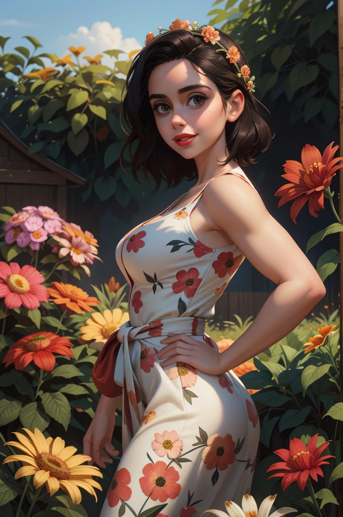 Adorable,  mature Woman,detailed big-eyed woman, round face. promenent red lips. Smileing,In the garden,Her hands are behind her...., , large ass, wearing a cute floral sun dress. flower crown, Flower belt braped around waist. Picture from the side,looking at the scenes, intense colors, Very valuable details, complex details, volumetric lighting, digital art, 8k, trending on Artstation, Clear focus, complex details, highly detail, Greg Rutkowski Big Eyes, high-resolution, Black hair. Alison Brie. Ample Bosum, .Photorealistic.
